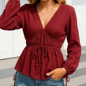 FAVLUX Balloon Sleeve Plunge Peplum Blouse